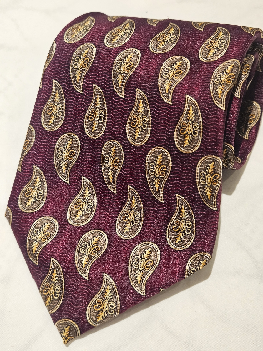 Dior Burgundy Silk Paisley Tie with Gold Accents
